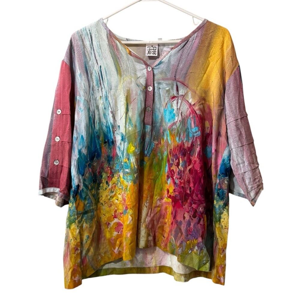 Parsley & Sage Women Size Medium Abstract Watercolor Buttons V Neck Rayon Artsy